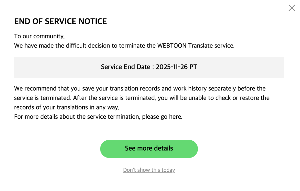 WEBTOON Translate end of service notice