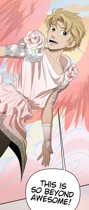 Chase from Cinderella Boy in a pink tunic with pink wings, saying "this is so beyond awesome!"