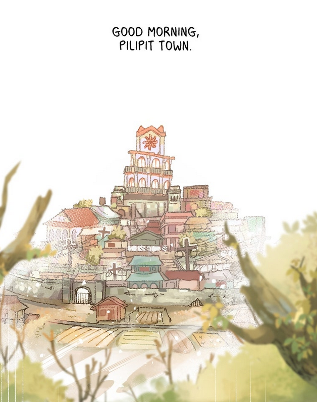 opening panel of katlaya rising depicting pilipit town viewed from a distance