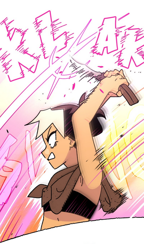 panel of katlaya bringing her bilisang down on a monster with a big pink KLAK sfx over her