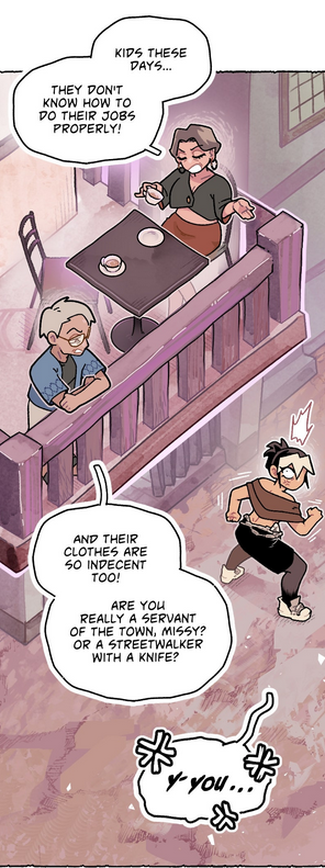 panel of katlaya rising depicting two old people on their patio criticizing katlaya underneath them, who is furious