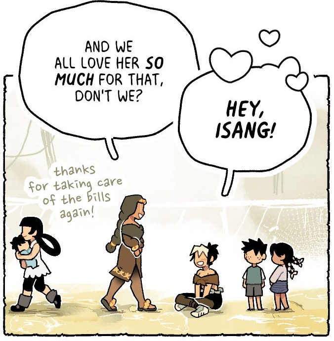 isang walking up to katlaya saying "we all love her so much for that don't we" and katlaya replies "hey isang" with hearts coming off her speech balloon