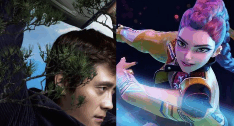 Golden Globe nominee Lee Byung-hun from No Other Choice lifting a pot over his head and Rumi from KPop Demon Hunters swinging a sword