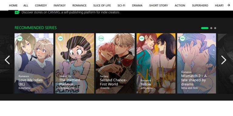 Screenshot of the currently trending WEBTOON Canvas series for the week.