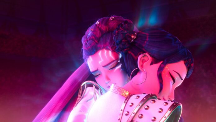 A still from KPop Demon Hunters of HUNTR/X hugging