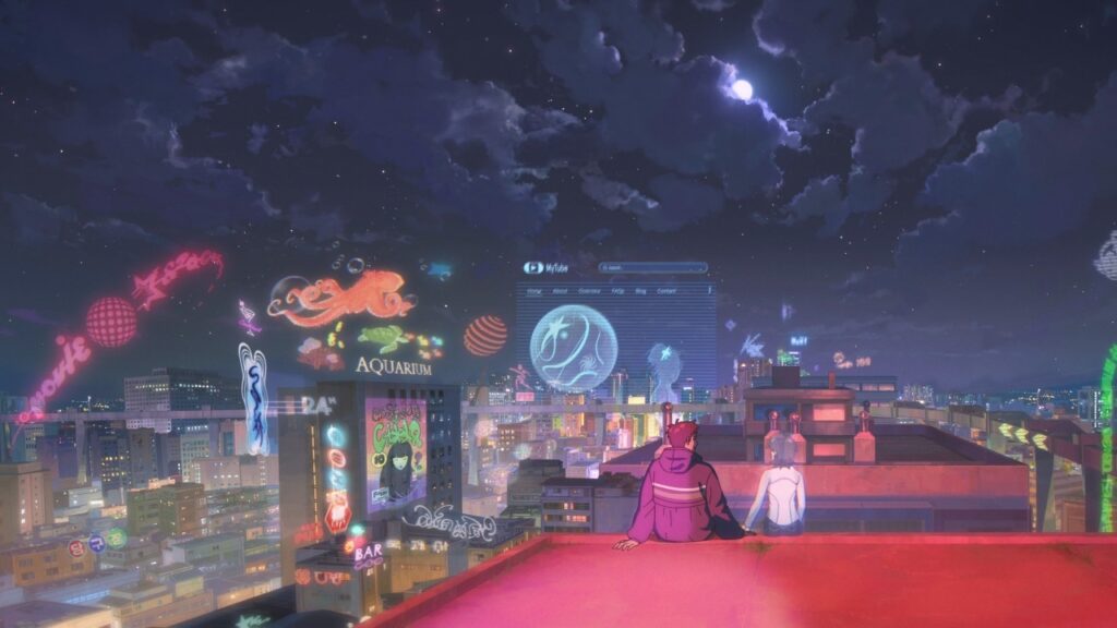 Jay and Nan-young sit on a rooftop looking out over a futuristic Seoul in Lost in Starlight