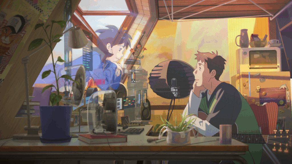 Jay sits at a desk as a ghostly image of Nan-young communicates to him from deep space.