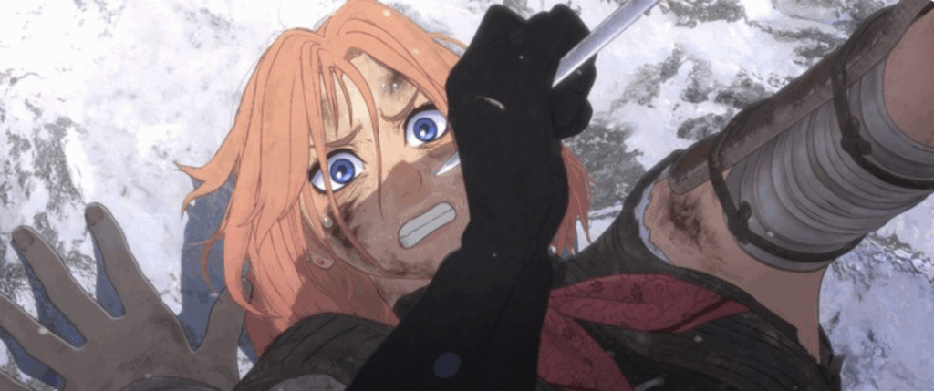 Scarlet, holding a blade, fights for her life