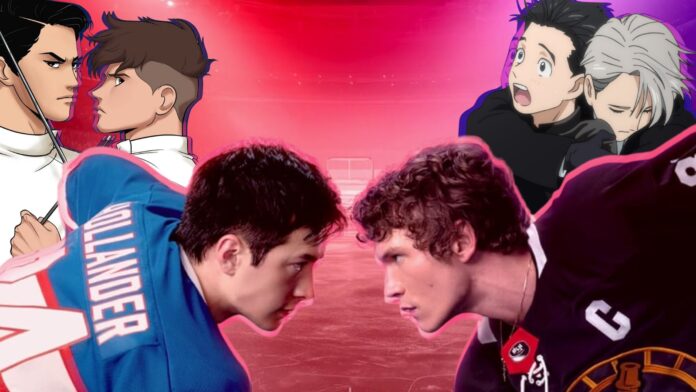 A collage of characters from the comic Fence, the TV series Heated Rivalry, and the anime Yuri!!! On Ice