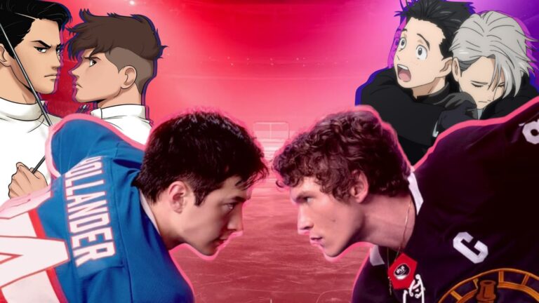 A collage of characters from the comic Fence, the TV series Heated Rivalry, and the anime Yuri!!! On Ice