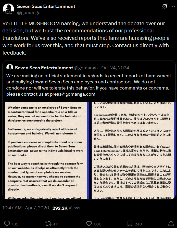 Re: LITTLE MUSHROOM naming, we understand the debate over our decision, but we trust the recommendations of our professional translators. We’ve also received reports that fans are harassing people who work for us over this, and that must stop. Contact us directly with feedback.