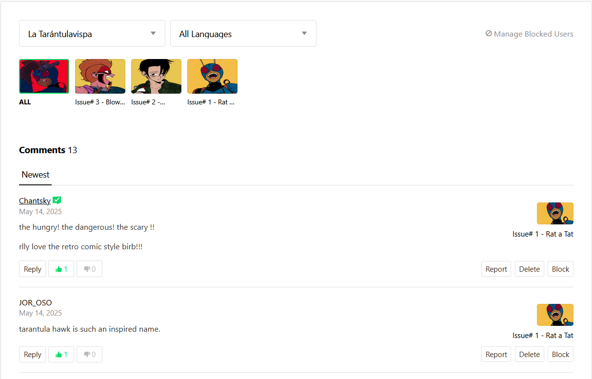 The updated comments tab. top left of the screen has a drop down menu for each series a creator has made. beneath that is thumbnails for all episodes of that selected series, or individual episodes from that series. Beneath that are the comments with the number of comments, and listed from Newest to Oldest. 