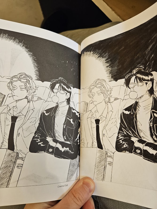 the image from the cover of two guys in a movie theater, referenced and copied in gel pen and brush marker
