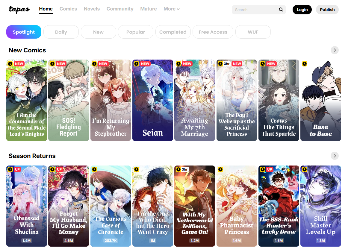 screenshot of the tapas front page depicting a bunch of identical-looking isekai fantasy webtoons