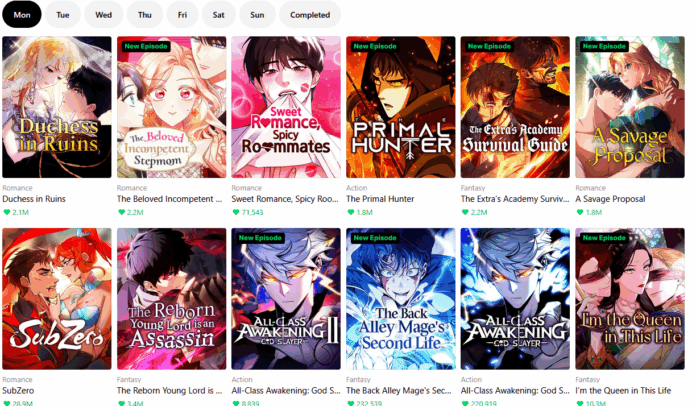 screenshot of the front page of webtoon today