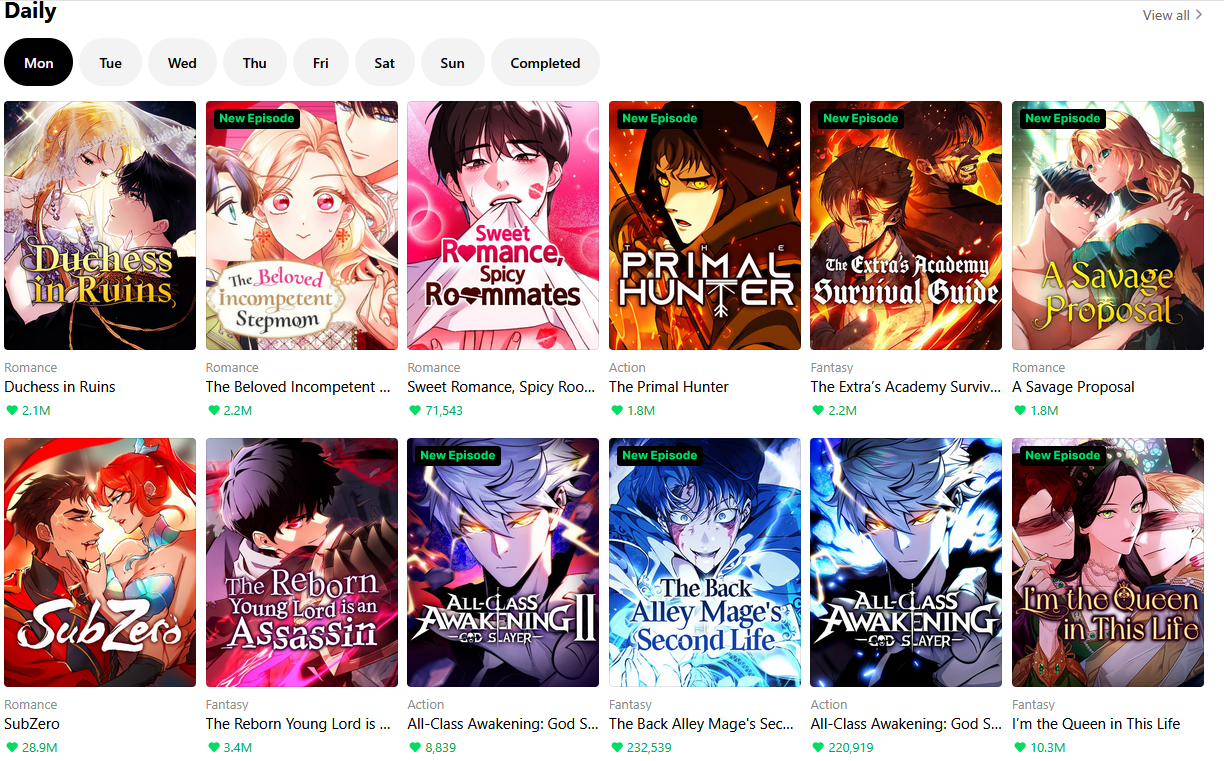 screenshot of the front page of webtoon today