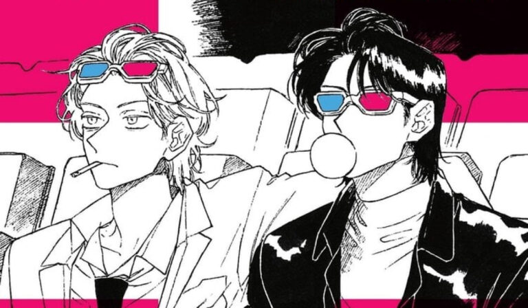 crop of the drawing manhwa cover featuring two guys watching a movie in a theater