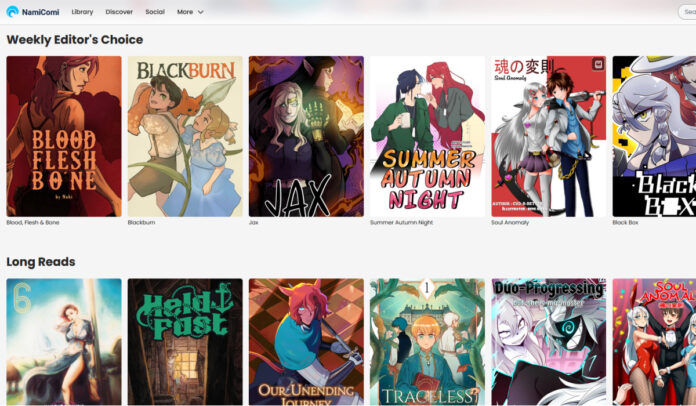 screenshot of namicomi front page showing some of their recommended comics