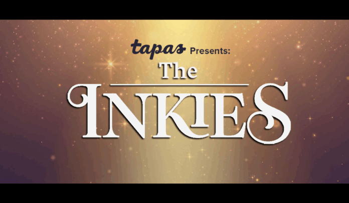 sparkly background behind white text reading the inkies and black text reading tapas presents above it