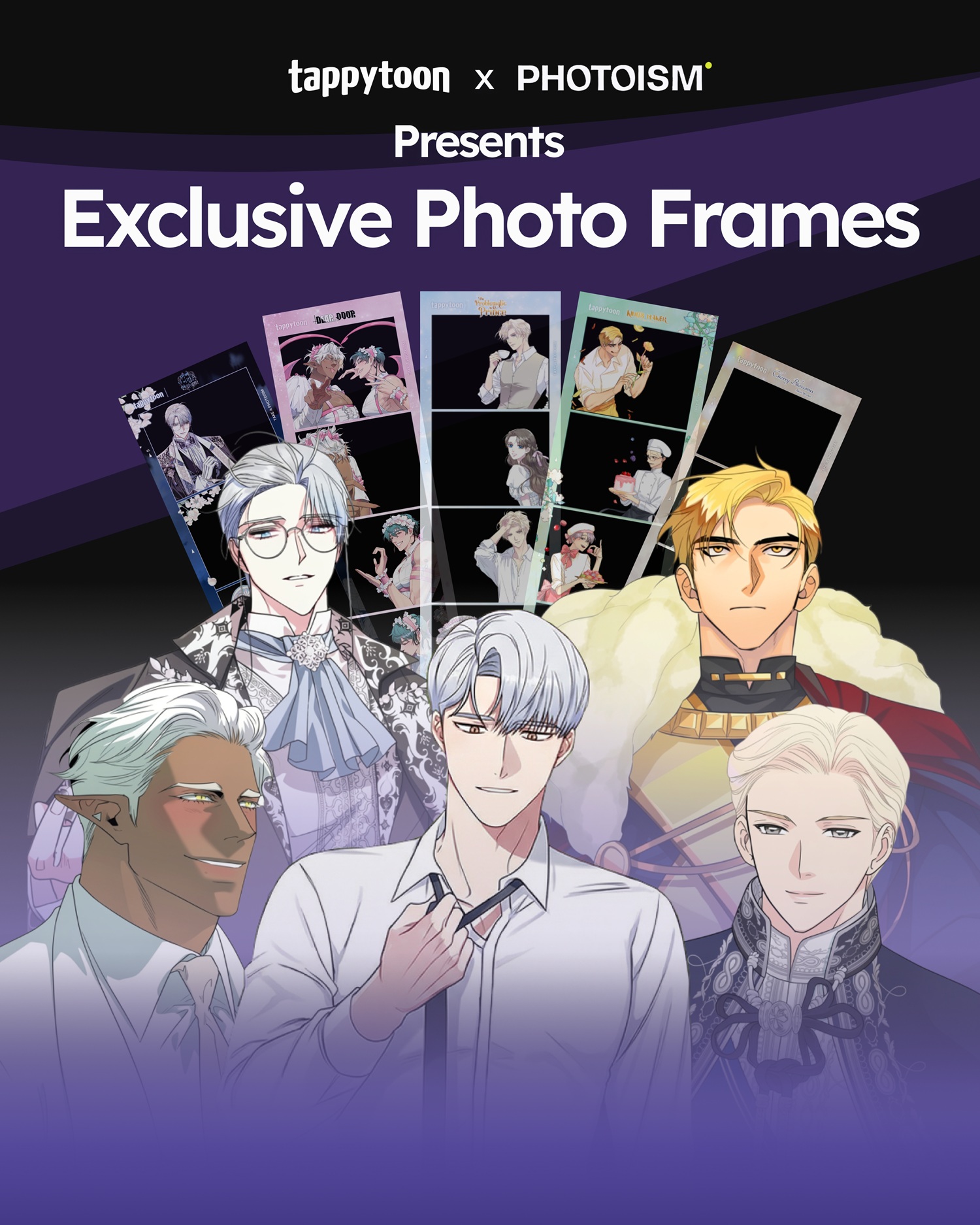 Promotional image from Tappytoon featuring various male characters from its hit series with strips of photo frames in the background meant for the users to have their picture be taken in.