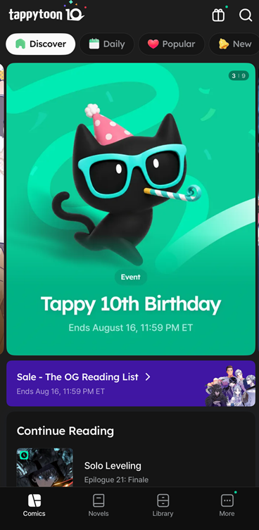 screencap of the Tappytoon app with a tab in the discover page titled "Tappy 10th Birthday" featuring the Tappytoon mascot, JEM, with a party hat against a green backdrop.