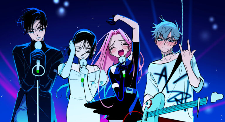 character lineup from Alien Stage with 4 of the 6 main characters from left to right: Ivan, Sua, Mizi, and Till.