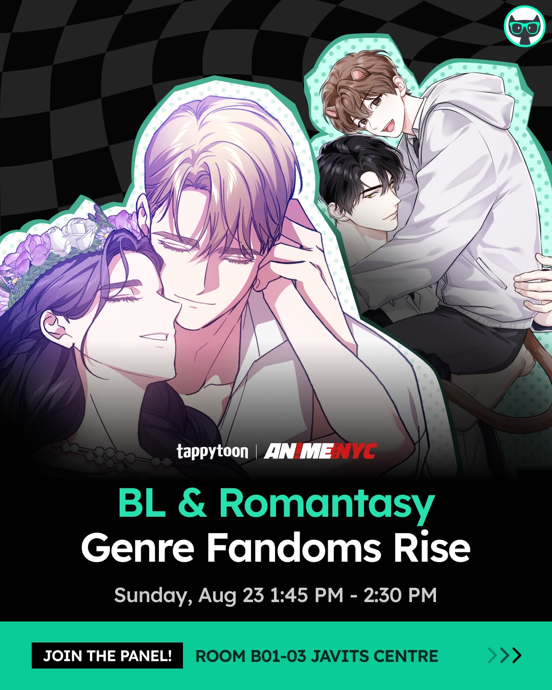 promotional image from Tappytoon for their BL & Romantasy genre panel in Anime NYC '26. The promotional image features illustrations of two men embracing in the background, with a sole male and sole female caressing each other's faces in the foreground.