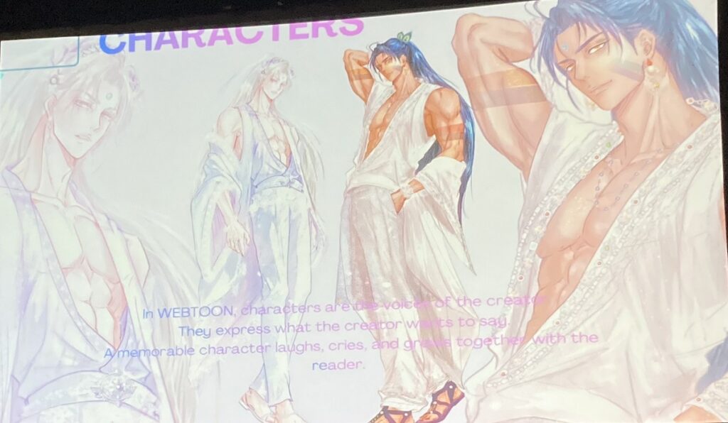 A PowerPoint slide showing two characters; one is a man with pale skin and blonde hair, while the other is a man with tan skin and black hair. Both are wearing white. Text reads, "In WEBTOON, characters are the voice of the creator. They express what the creator wants to say. A memorable character laughs, cries, and grows together with the reader."