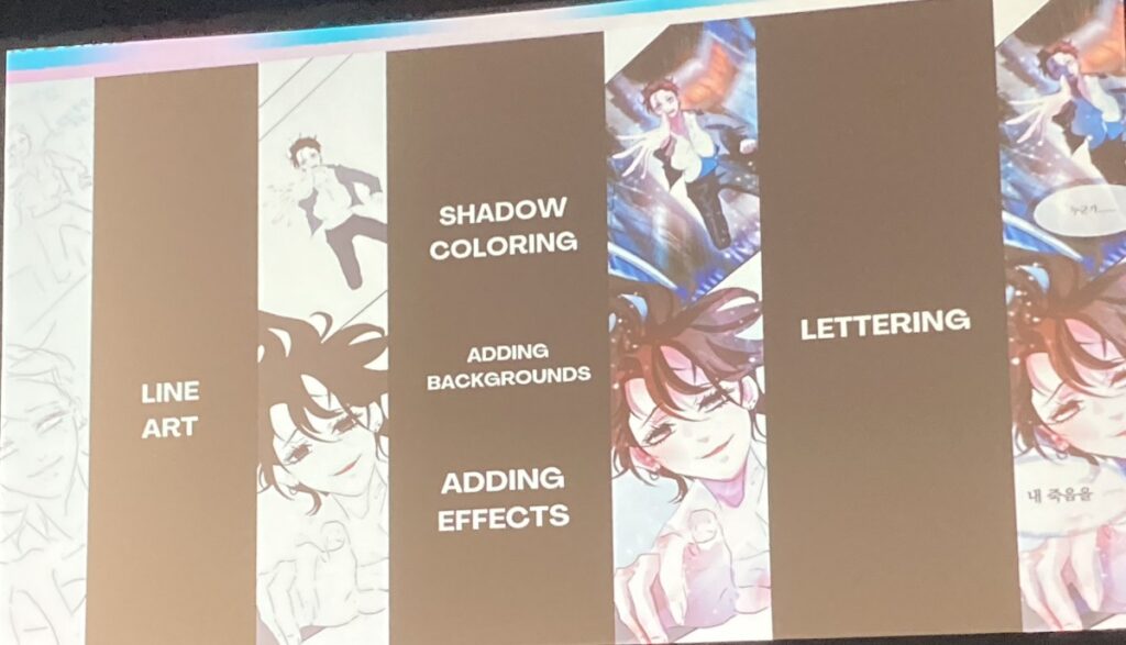 A PowerPoint slide showing how comics art evolves from the line art phase, to the shadow coloring and adding backgrounds phase, to the lettering phase.