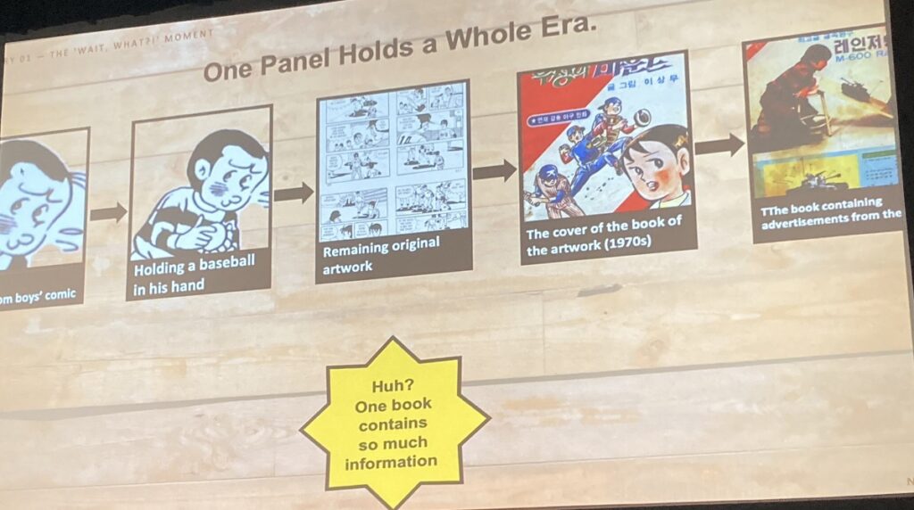 A powerpoint slide reading, "one panel holds a whole era." Aside from a picture from a Korean comic of a boy holding a baseball, the remaining original artwork, the book's cover, and even its advertisements can be studied.