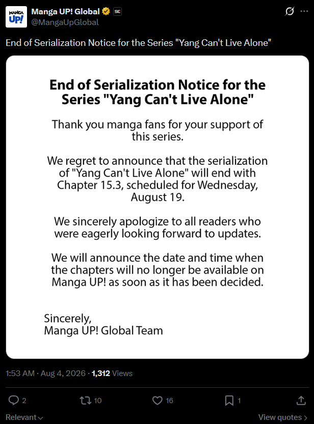 Manga UP! Global's end serialization notice for Yang Can't Live Alone.