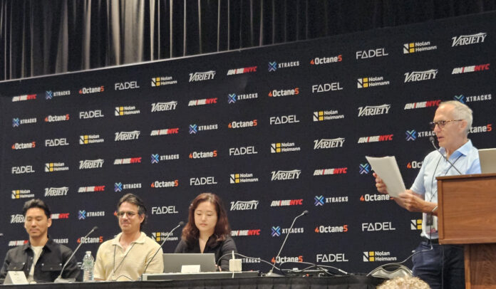 licensing summit panel with young park on left, alex carr second from left, regina kim from forbes second from right, and ted larkins on right