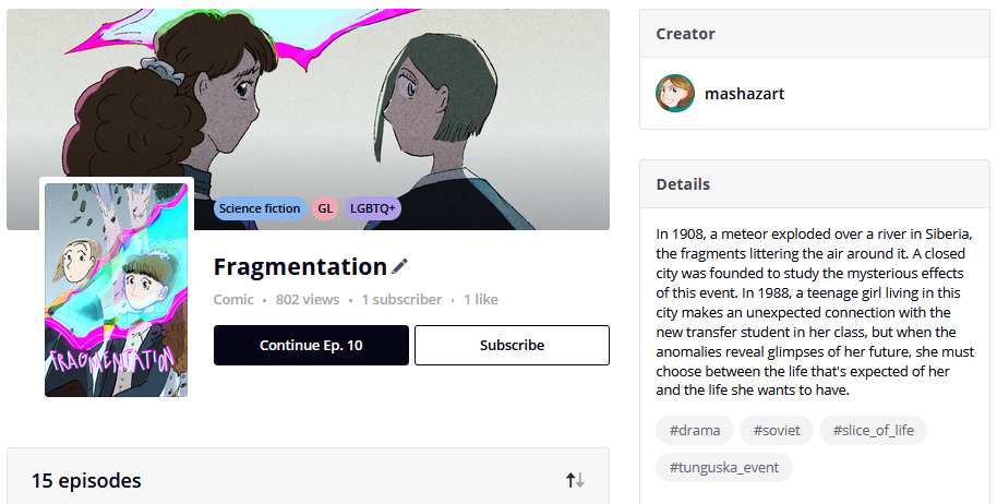 screenshot of my comic's home page on tapas showing the one like and one subscriber after 15 episodes