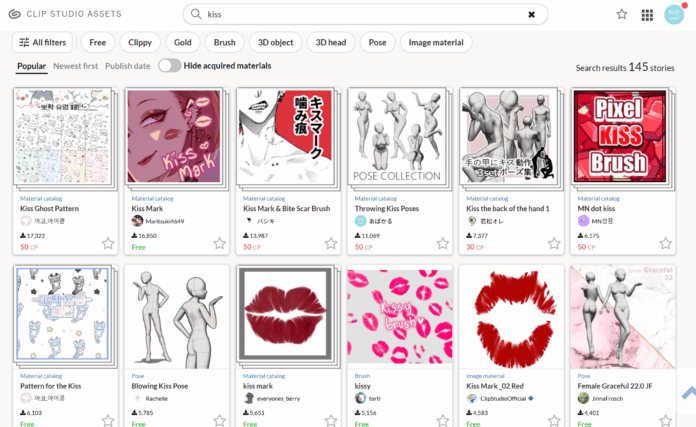 screenshot of clip studio paint asset store when you search kiss