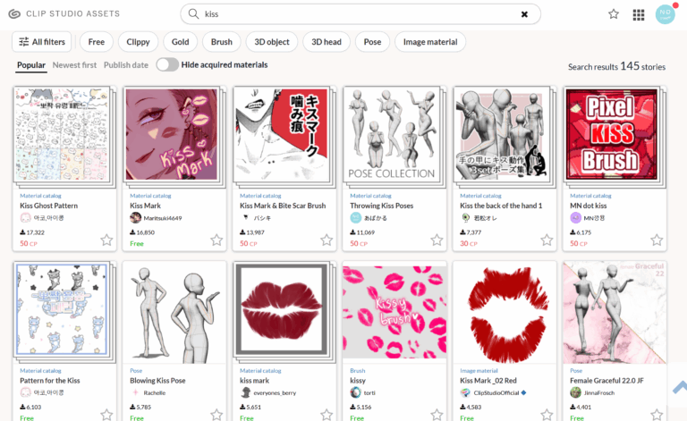 screenshot of clip studio paint asset store when you search kiss