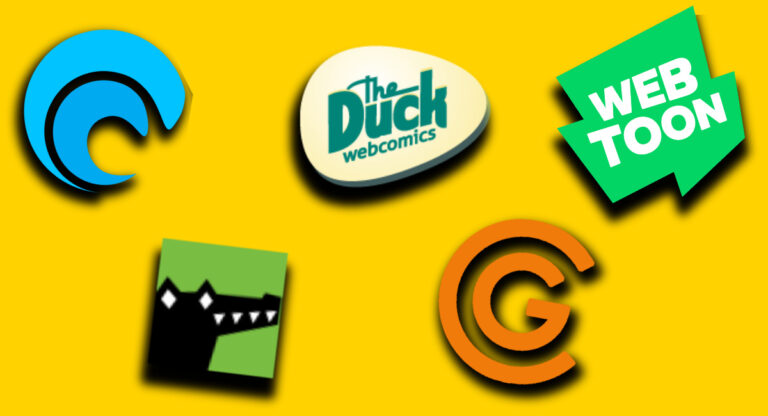 banner containing the logos from notable webcomic hosting sites such as NamiComi, The Duck, Webtoon, ComicFury, and GlobalComix.