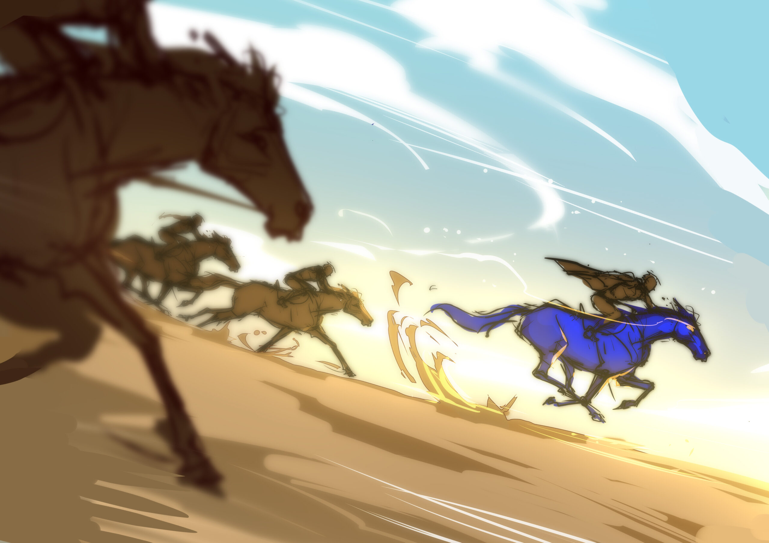 concept art from Junepurrr's upcoming horse shonen webcomic. the artwork depicts a blue horse leading a charge with other horses following behind, viewed from the side through a dutch angle shot with the sun rising or setting in the horizon.
