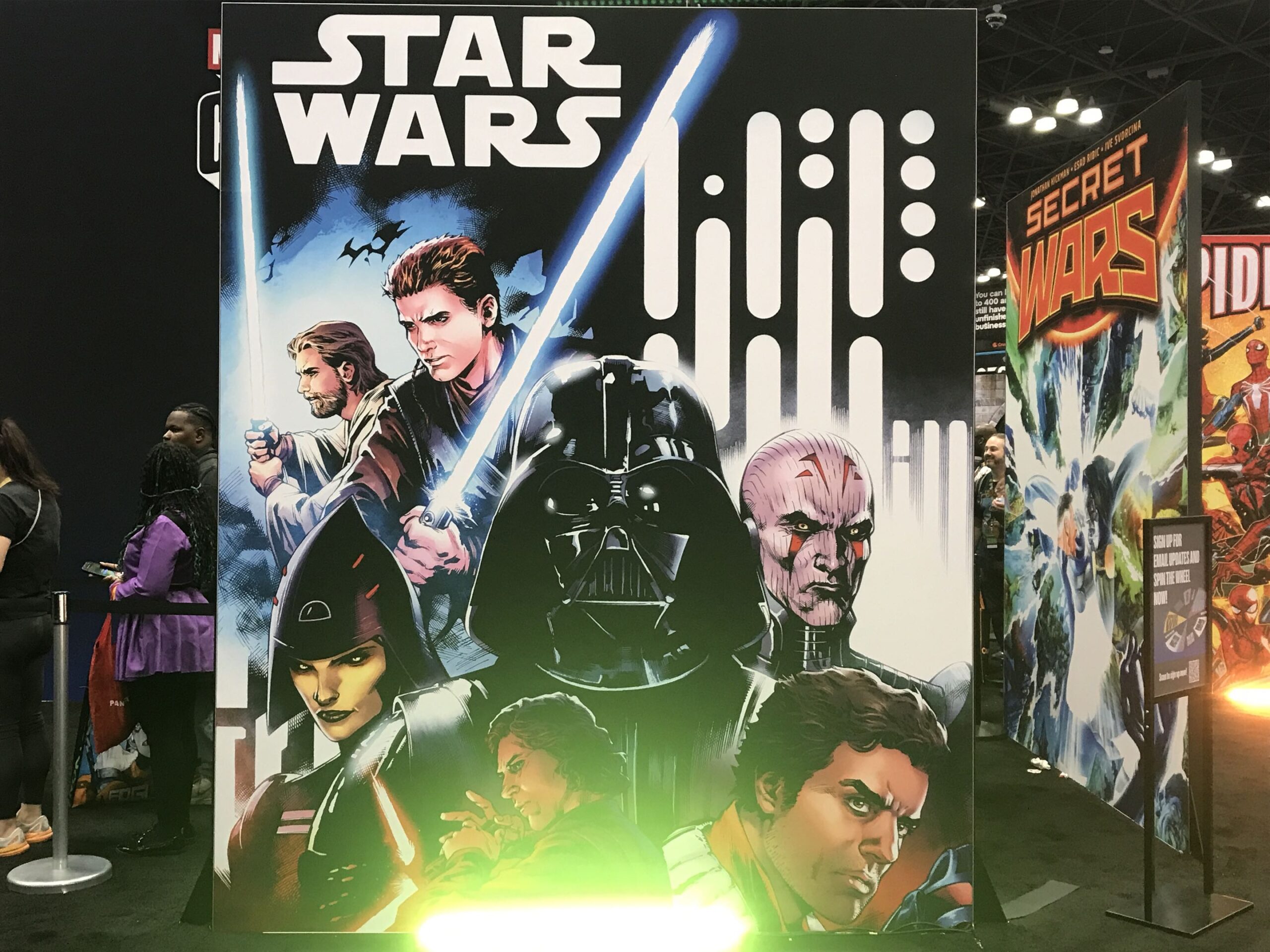 From the Marvel Comics app booth is a display artwork of the Star Wars comic.