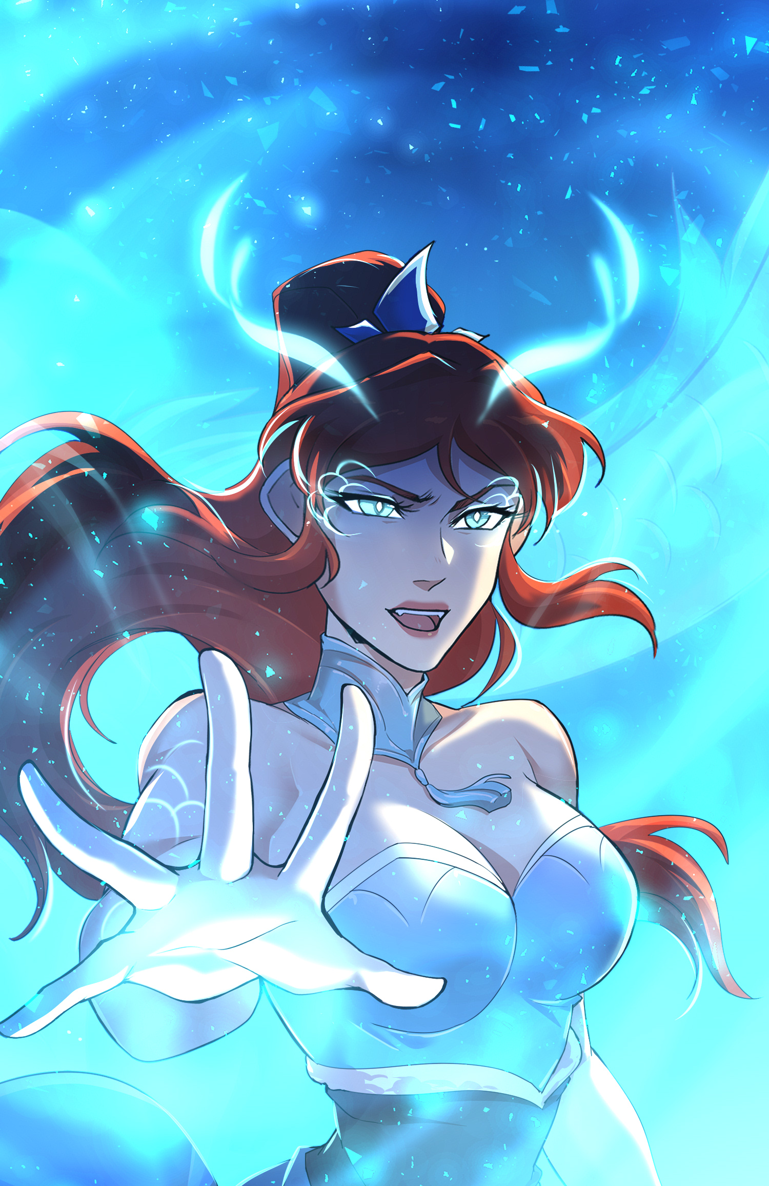A oanel from Junepurrr's webtoon, SubZero. Clove, a red haired woman wearing an elegant dress, raises an arm outwards towards the reader as blue magical energy surrounds her as she begins to shift into her dragon form. 