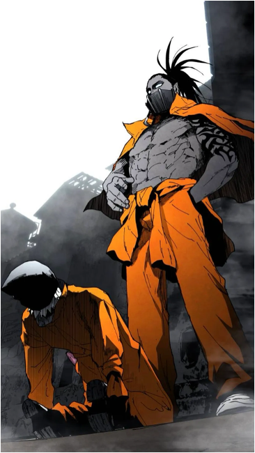 a panel from Fog Land of a large intimidating prisoner standing over prisoner 182, wearing a black hood over his head as he is on all fours. 