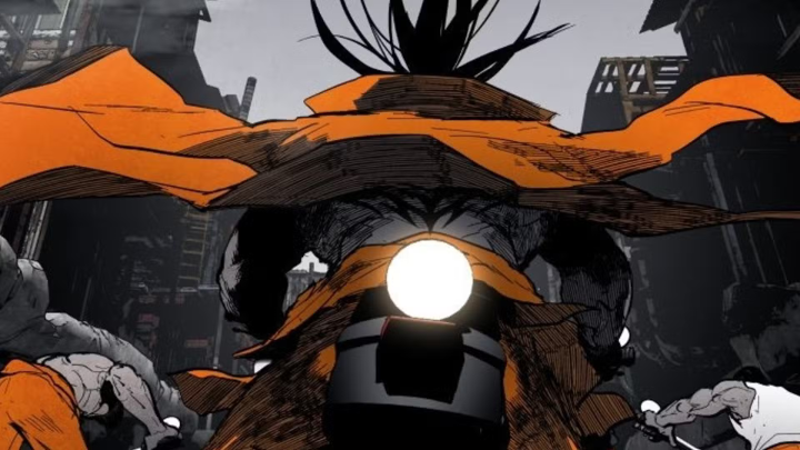 a panel from Fog Land depicting a prisoner riding on a motorcycle. 