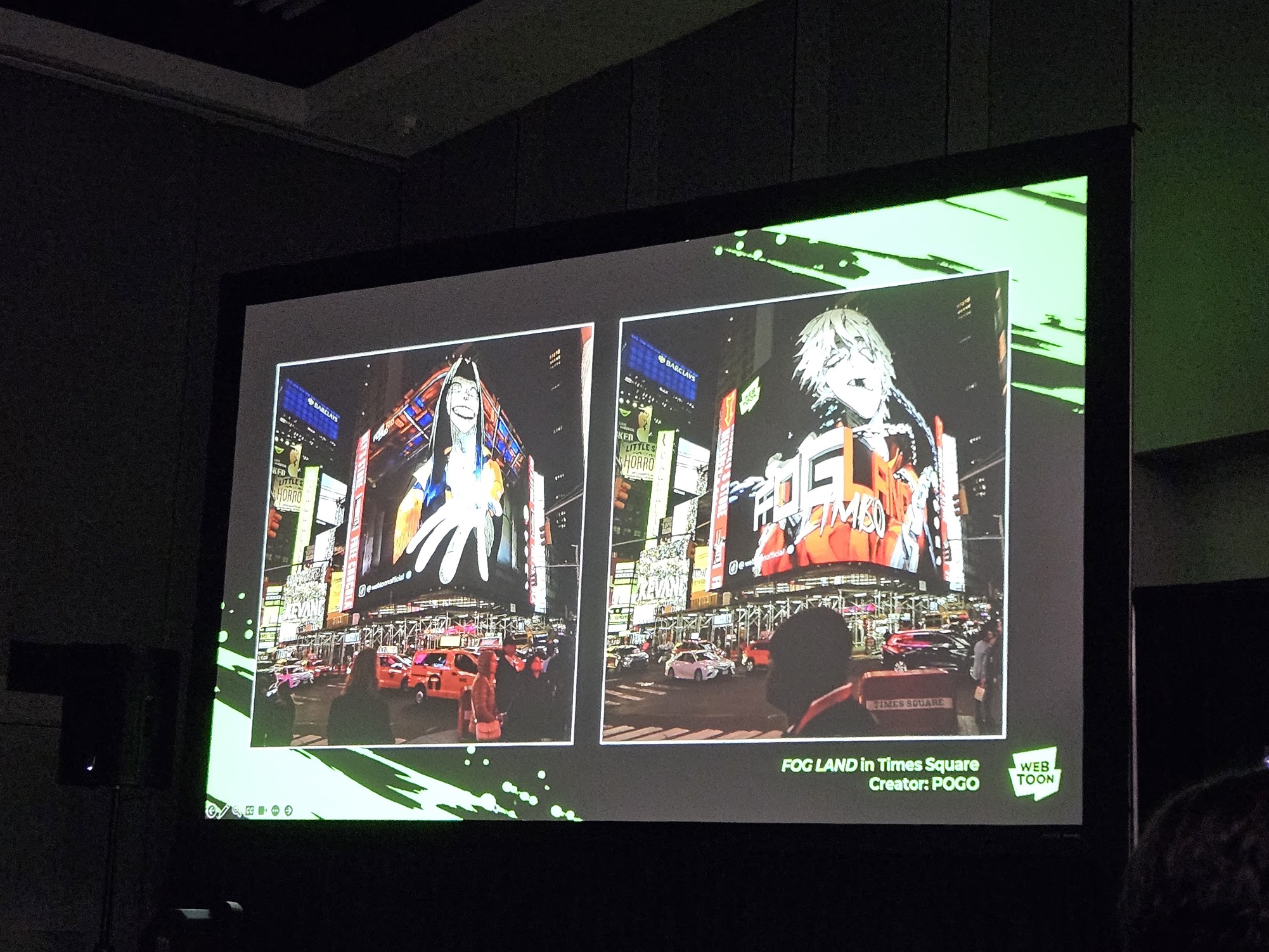 photo of a slide showing fog land ads in times square.