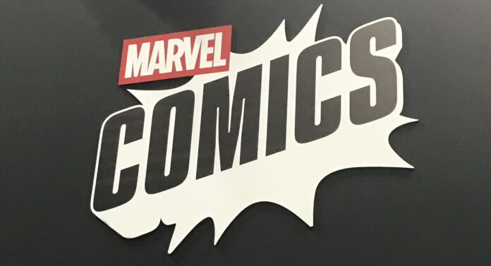 the logo for the Marvel Comics app against a black backdrop seen at the official booth during New York Comic Con '26.