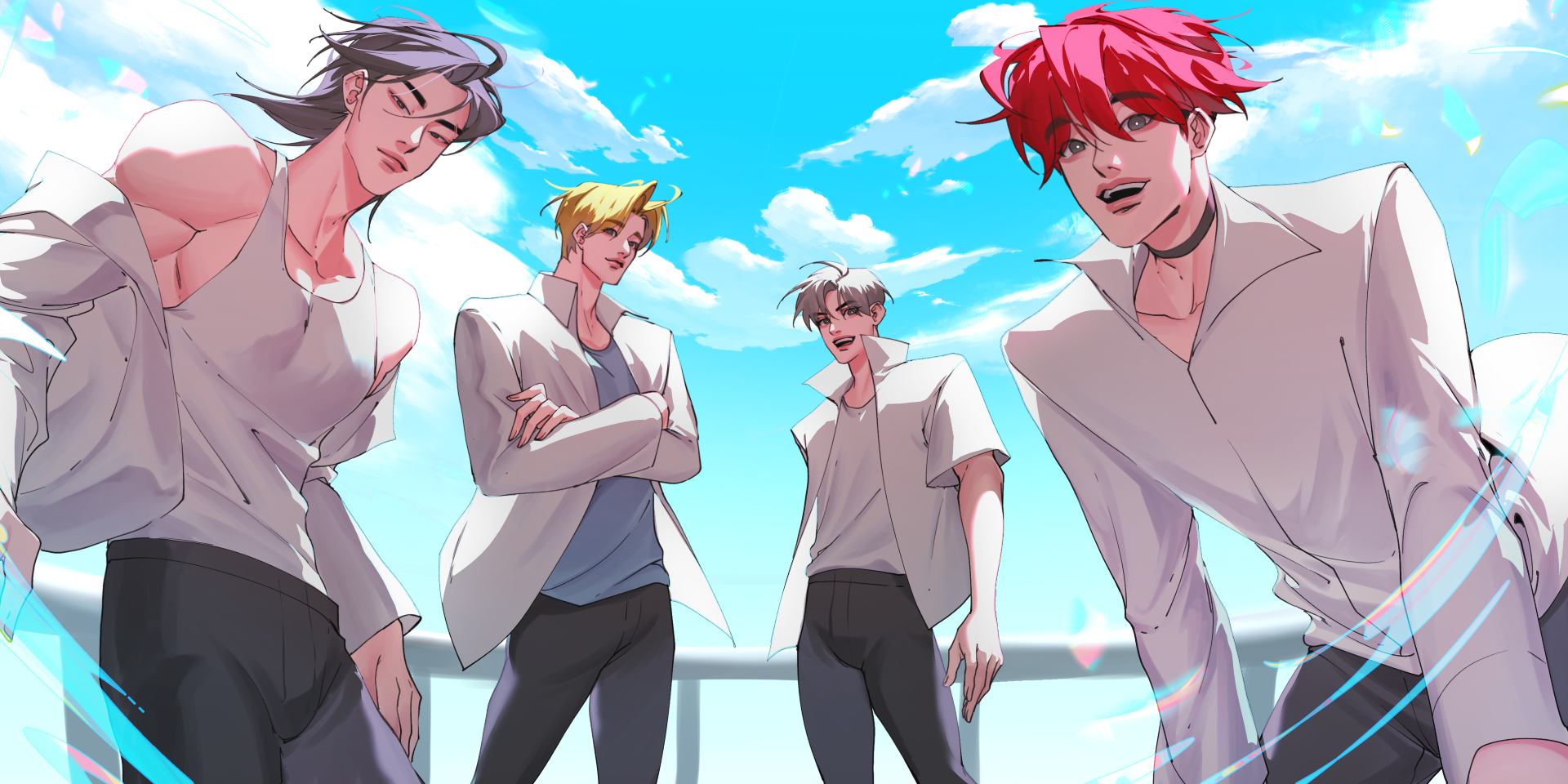 artwork from Jjolee's webtoon, Lost in Translation depicting 4 fictional k-pop boy band members wearing open white dress shirts against a cloudy blue sky.